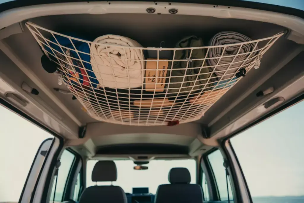 Ceiling Net Storage System In Van Holding Bedding And Gear With Quick Release Anchors