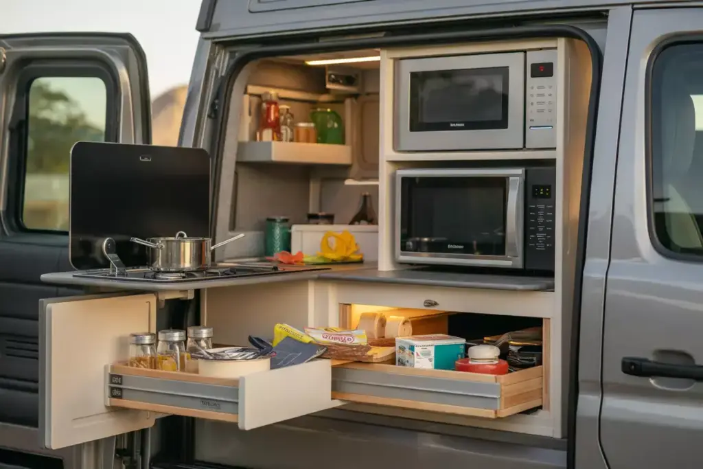 Compact Appliances Pull Out Pantries And Magnetic Storage In Efficient Campervan Kitchen