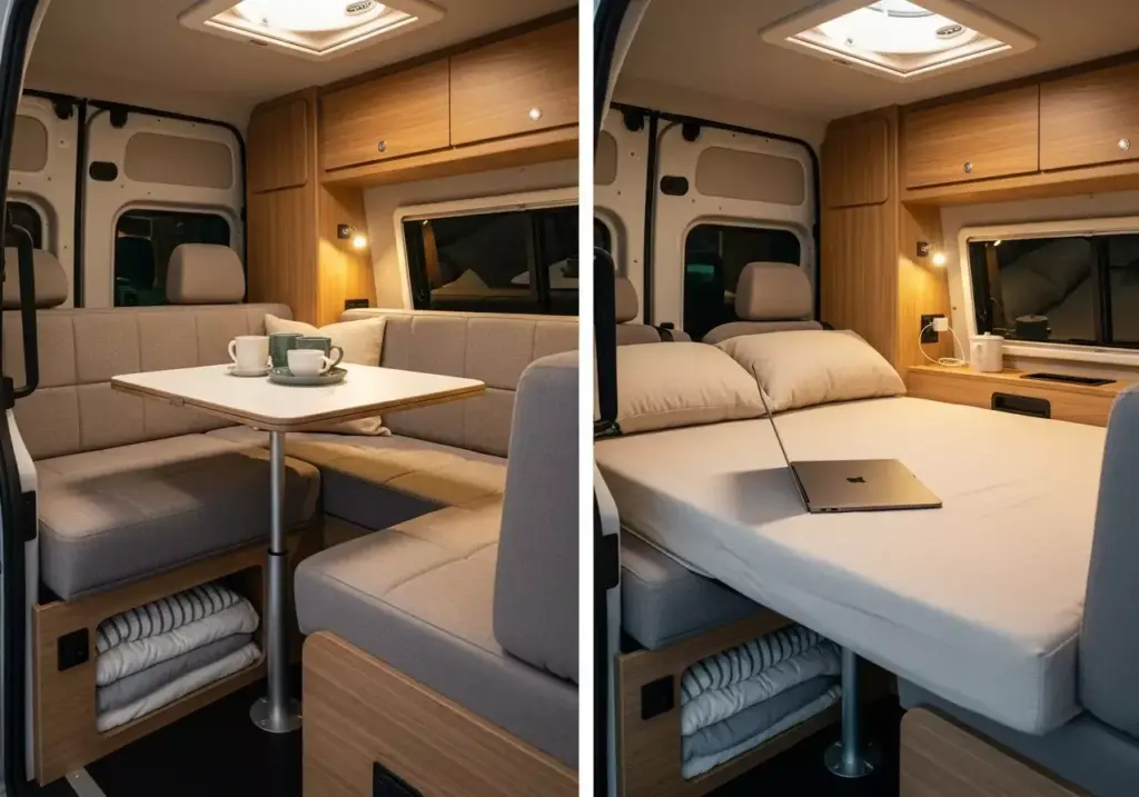 Convertible Dinette Van Showing Booth Seating Adjustable Table And Bed Mode