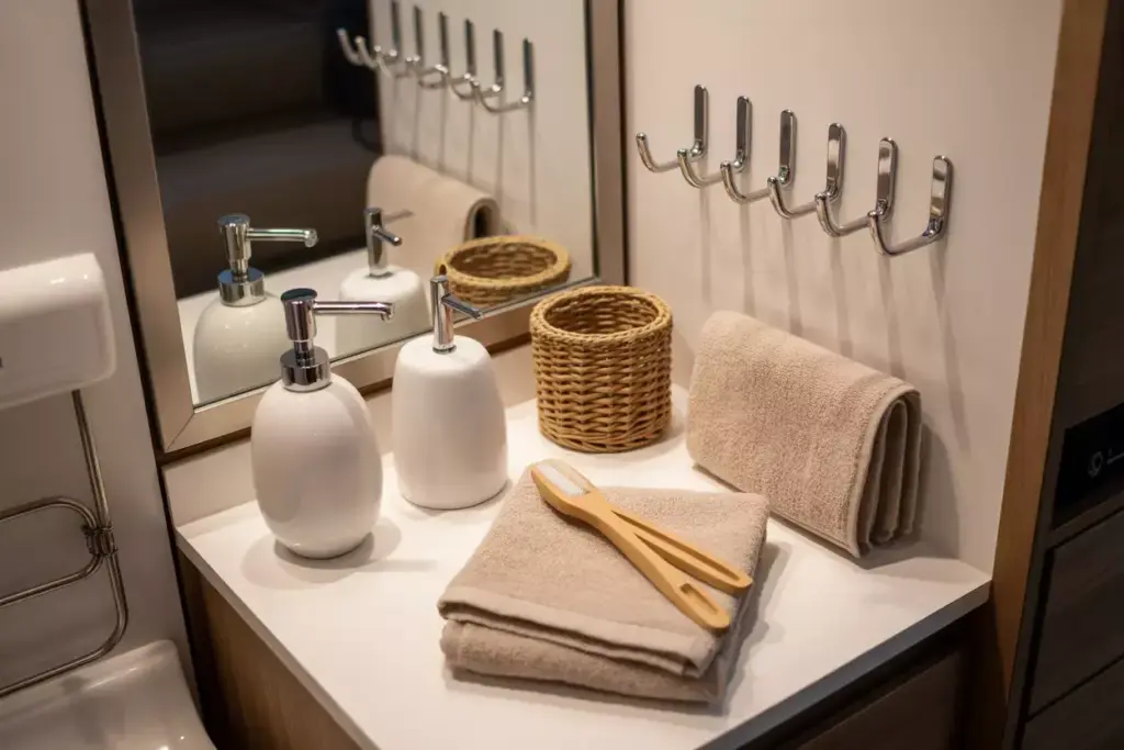 Coordinated Rv Bathroom Accessories In Neutral Tones Spa Style Upgrade