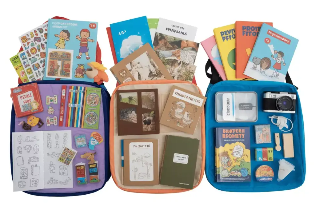 Flat Lay Of Three Personalized Activity Kits For Different Aged Children Camping