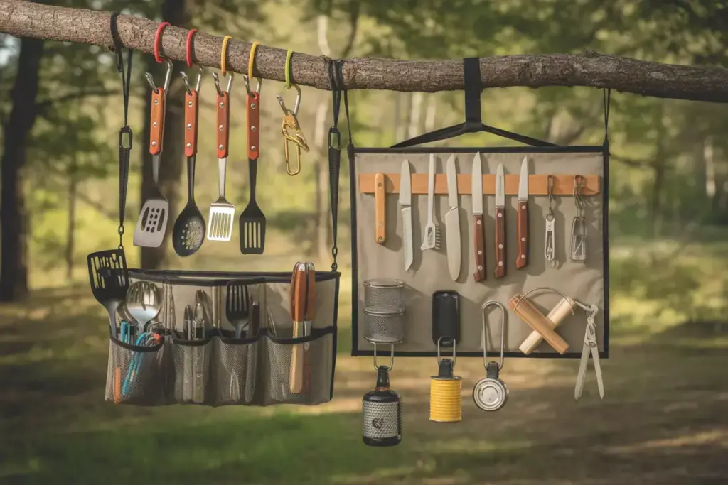 Hanging Mesh Organizer With Utensils Carabiners And Magnetic Knife Strip