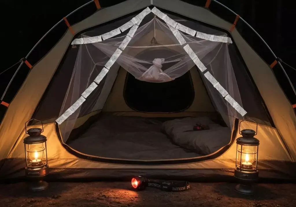 Interior Tent Bug Protection With Mosquito Net Dryer Sheets And Citronella Lights