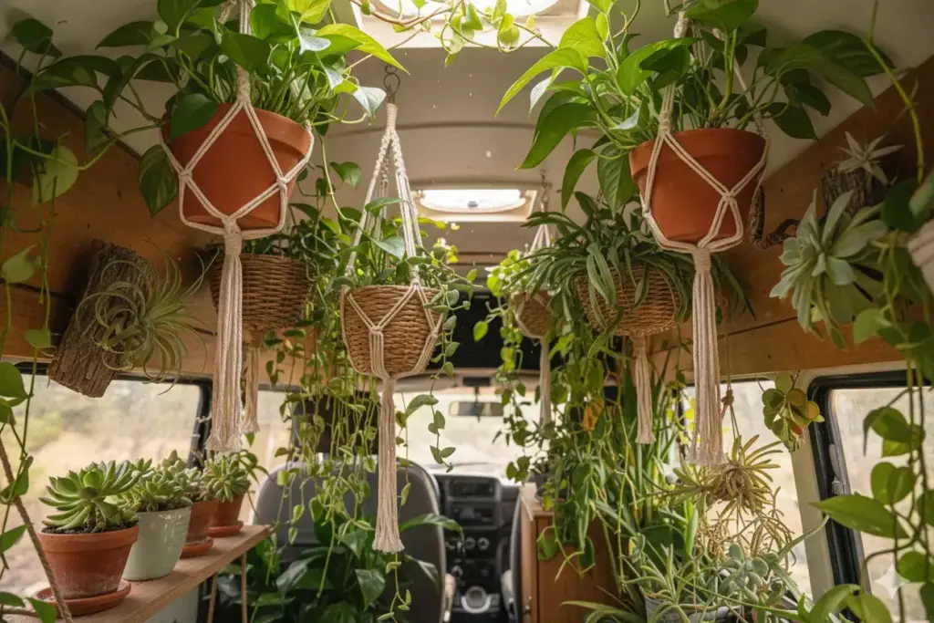 Lush Hanging Plants Macrame Planters And Succulents Inside Van Interior