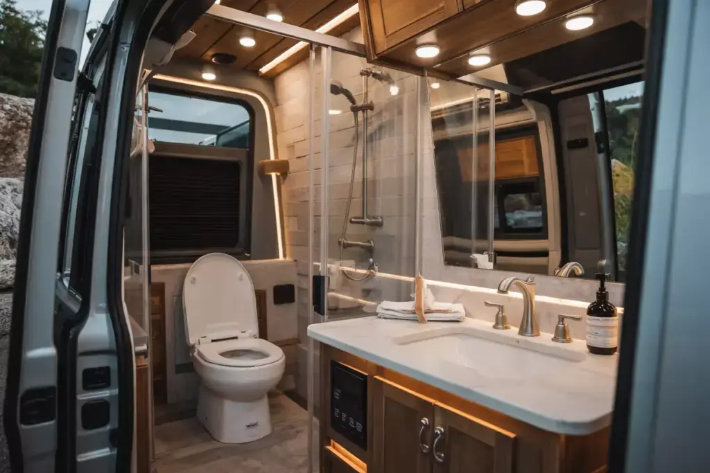 Luxury Spa Van Bathroom With Glass Shower And Porcelain Toilet