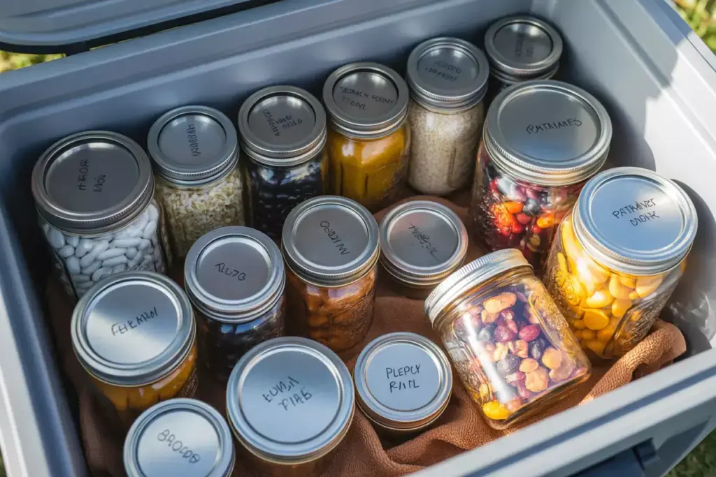 Mason Jar Camping Food Storage Flat Lay With Labeled Jars And Dried Ingredients