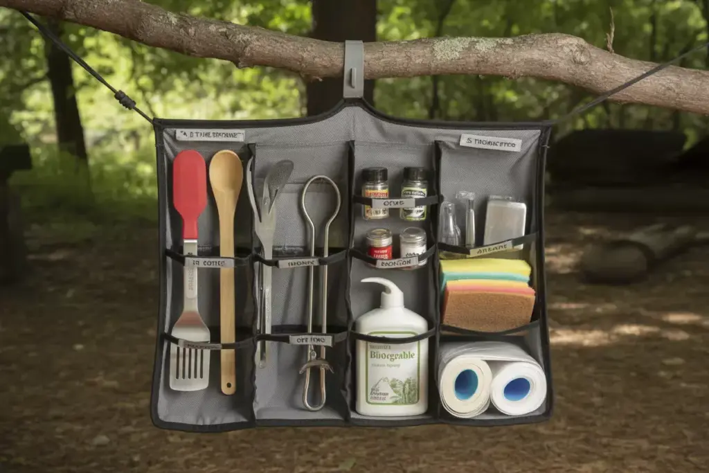 Mesh Camp Kitchen Organizer Hanging From Tree With Utensils And Supplies