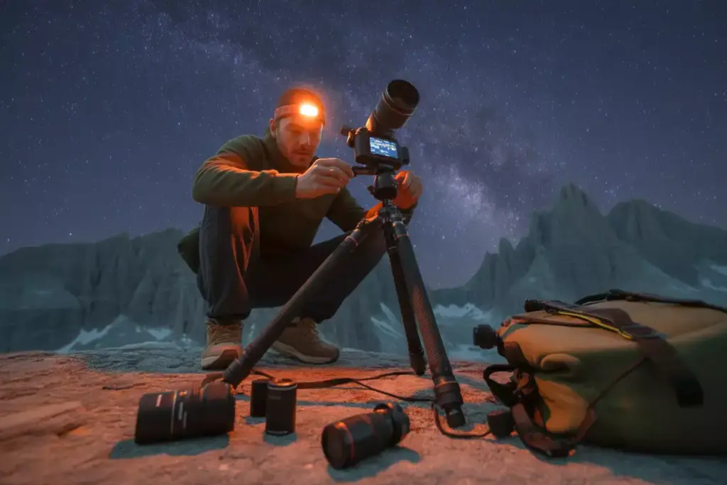 Night Photographer Capturing Mountain Landscape With Tripod And Specialized Equipment
