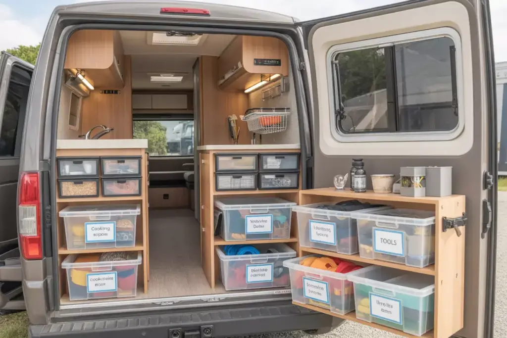 Organized Rv Interior With Labeled Zones For Kitchen Bathroom Bedroom Utility