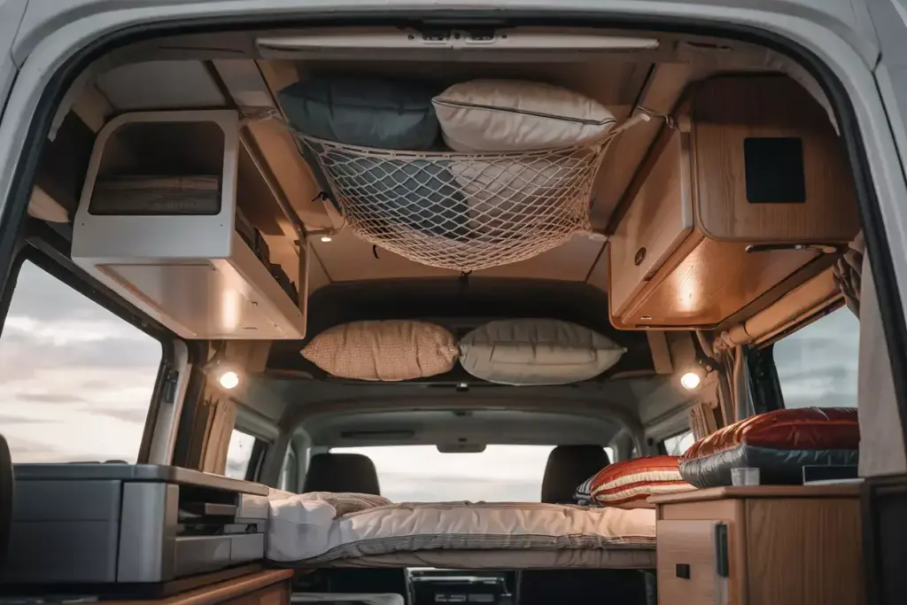 Overhead Cargo Nets And Fold Down Ceiling Compartments In Campervan Interior
