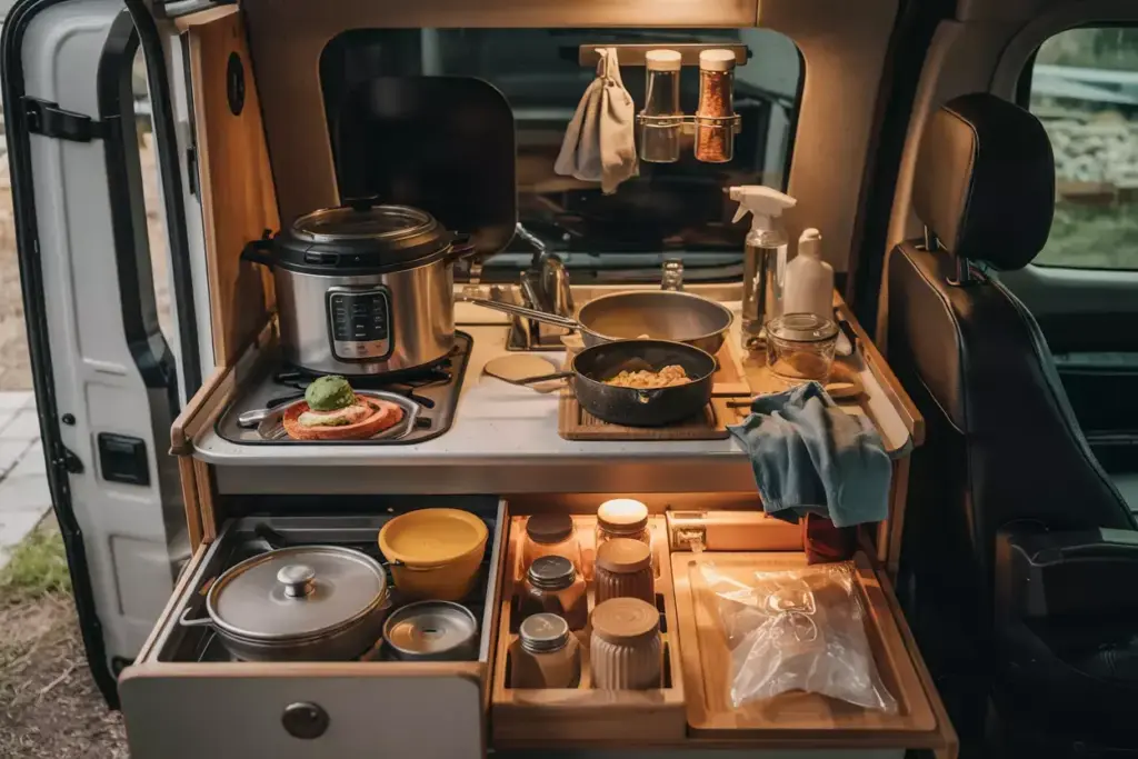 Overhead View Of Campervans Compact Kitchen With Multi Use Appliances And Organized Pantry