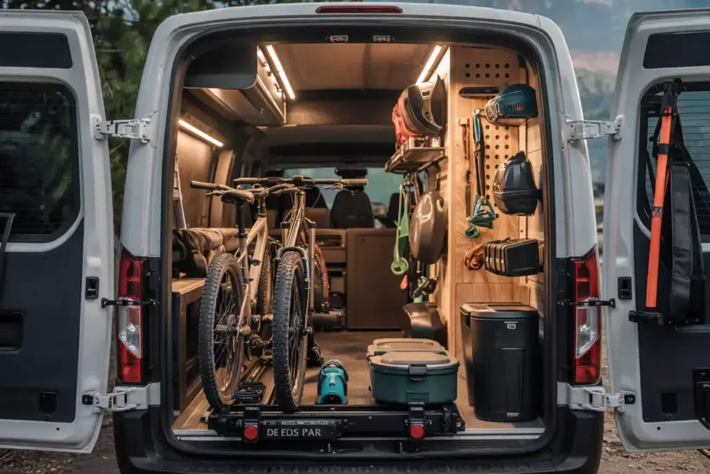 Rear Garage Storage With Slide Out Bike Rack And Gear Organization Panels In Ford Transit