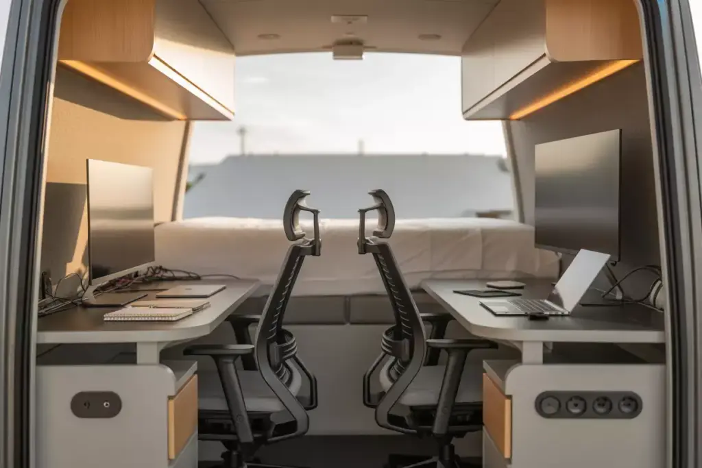 Remote Work Duo Van Layout With Dual Workstations And Organized Office Space