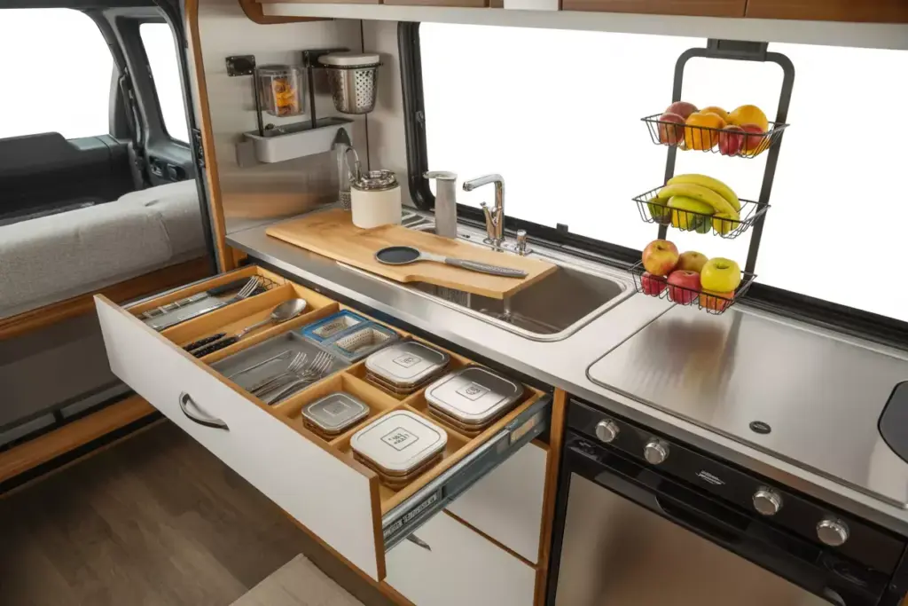 Rv Kitchen Organization Pullout Drawers Magnetic Spices Stackable Containers Fruit Basket