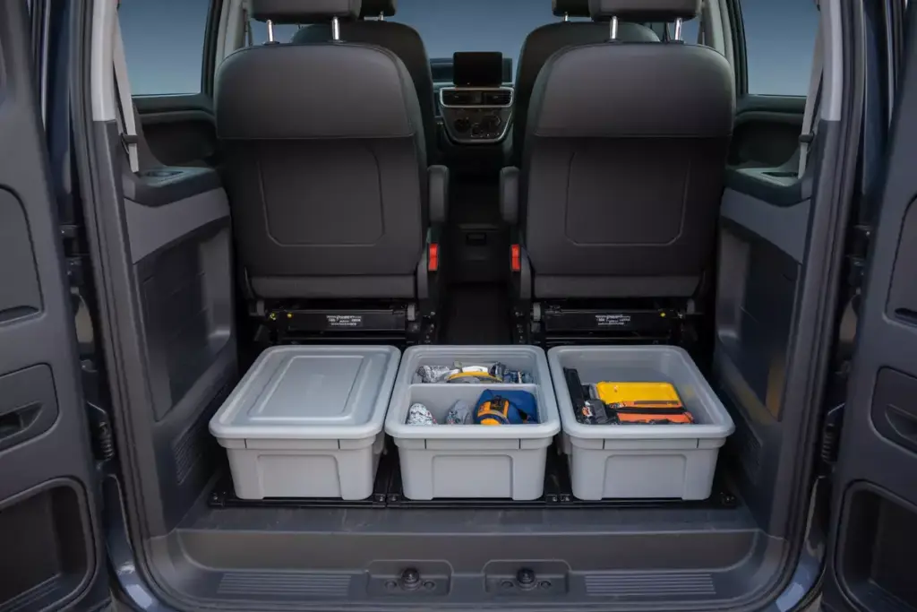 Sliding Weatherproof Storage Boxes Under Minivan Seat With Camping Gear