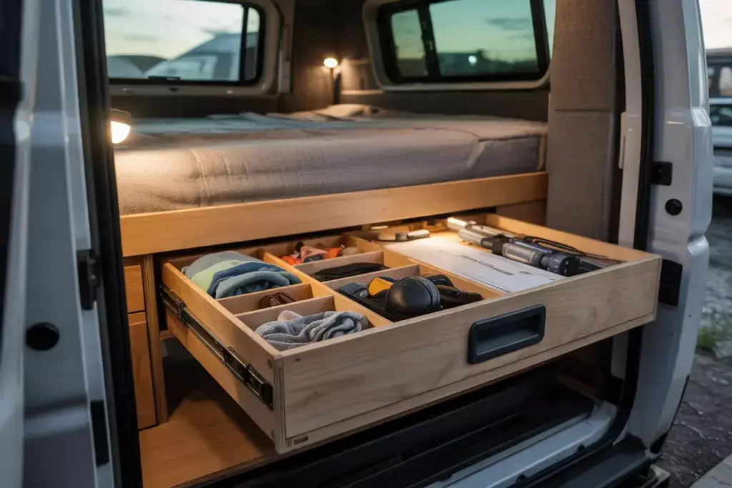 Under Bed Sliding Drawer With Dividers Organizing Clothing And Electronics