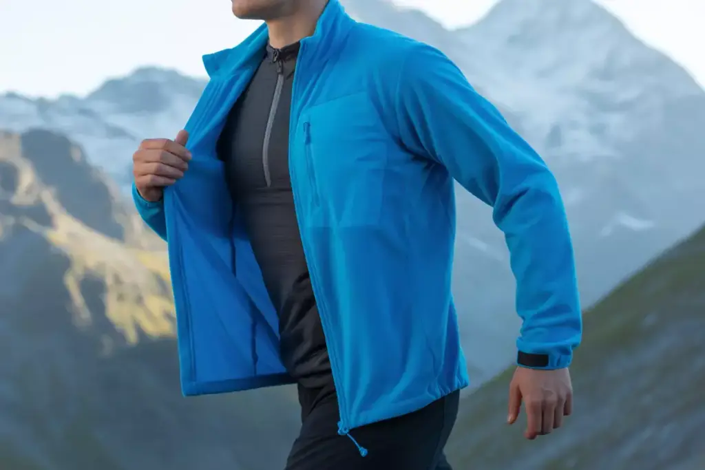 32 Bright Fleece Mid Layer Jacket With Chest Pocket Worn On Cool Mountain Morning