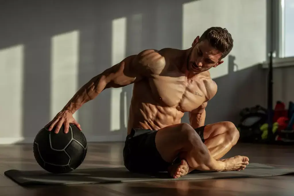 Male Hiker Performing Russian Twist With Medicine Ball While Seated On Yoga Mat