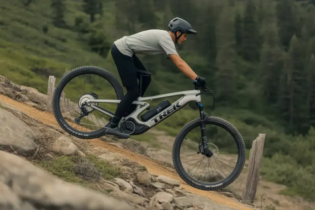 Trek Rail E MTB With Bosch Motor Climbing Steep Trail With Minimal Rider Effort