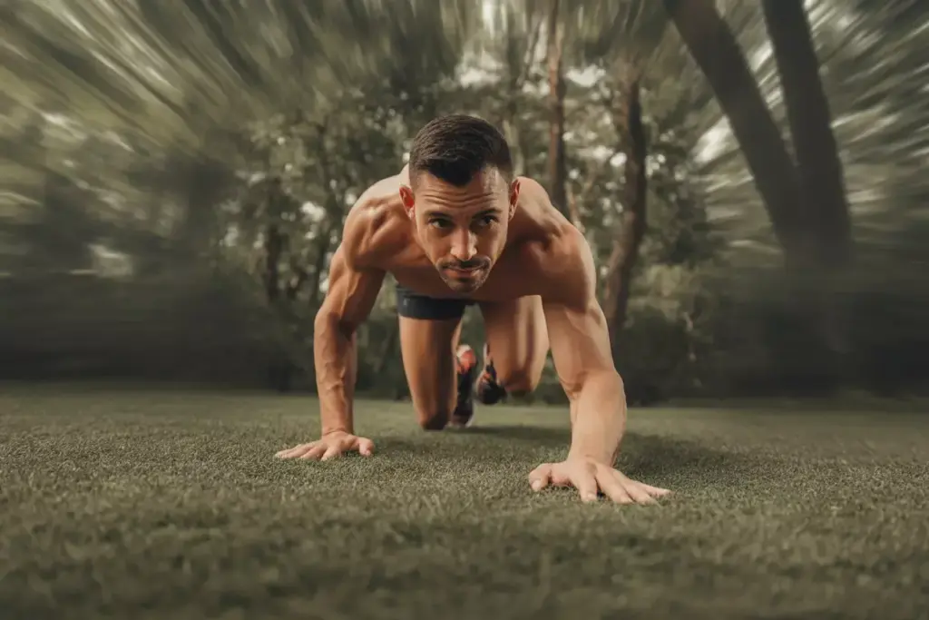 Athletic Man Performing Bear Crawl On Indoor Floor With Knees Off The Ground