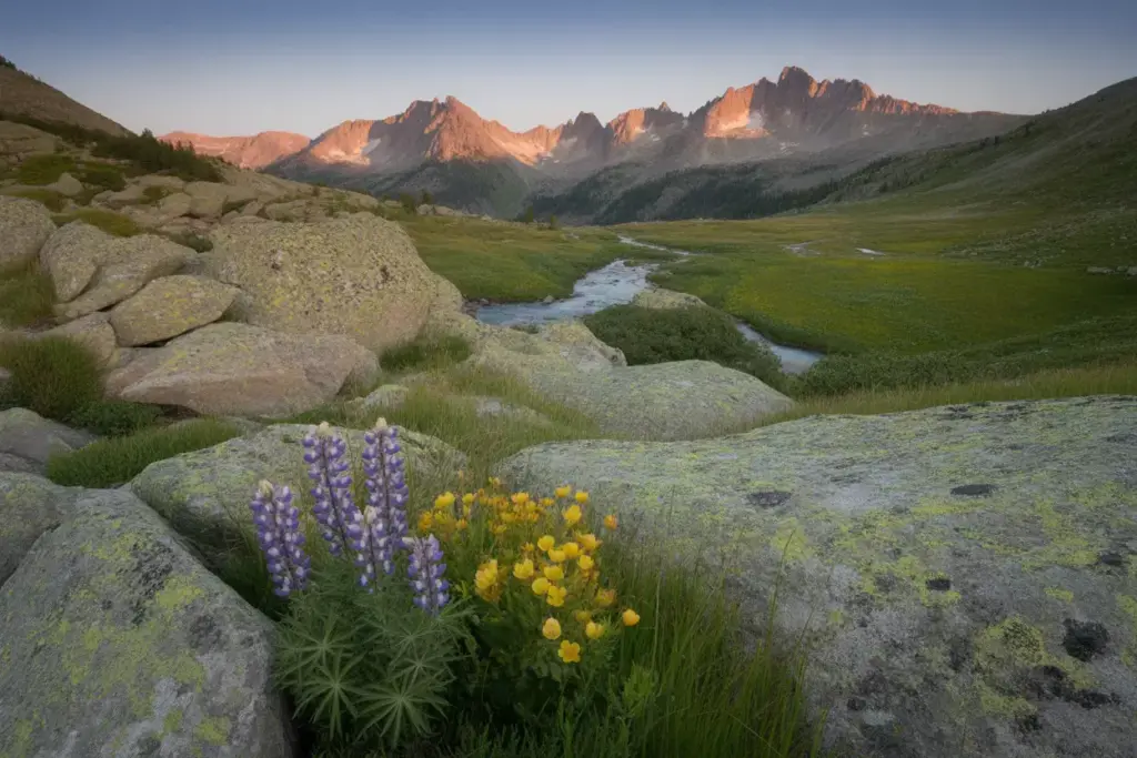 35 Mountain Landscape With Alpine Flowers In Foreground And Distant Peaks In Background