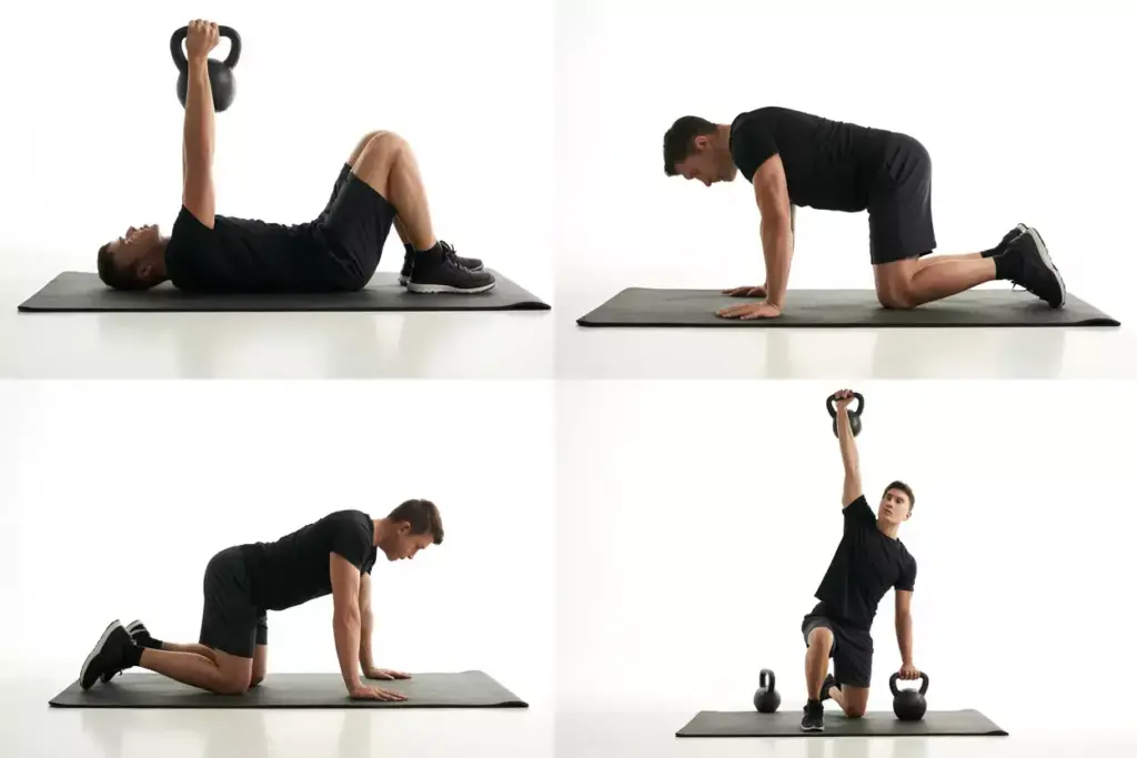 Sequence Of Male Hiker Performing Turkish Get Up With Kettlebell From Ground To Standing