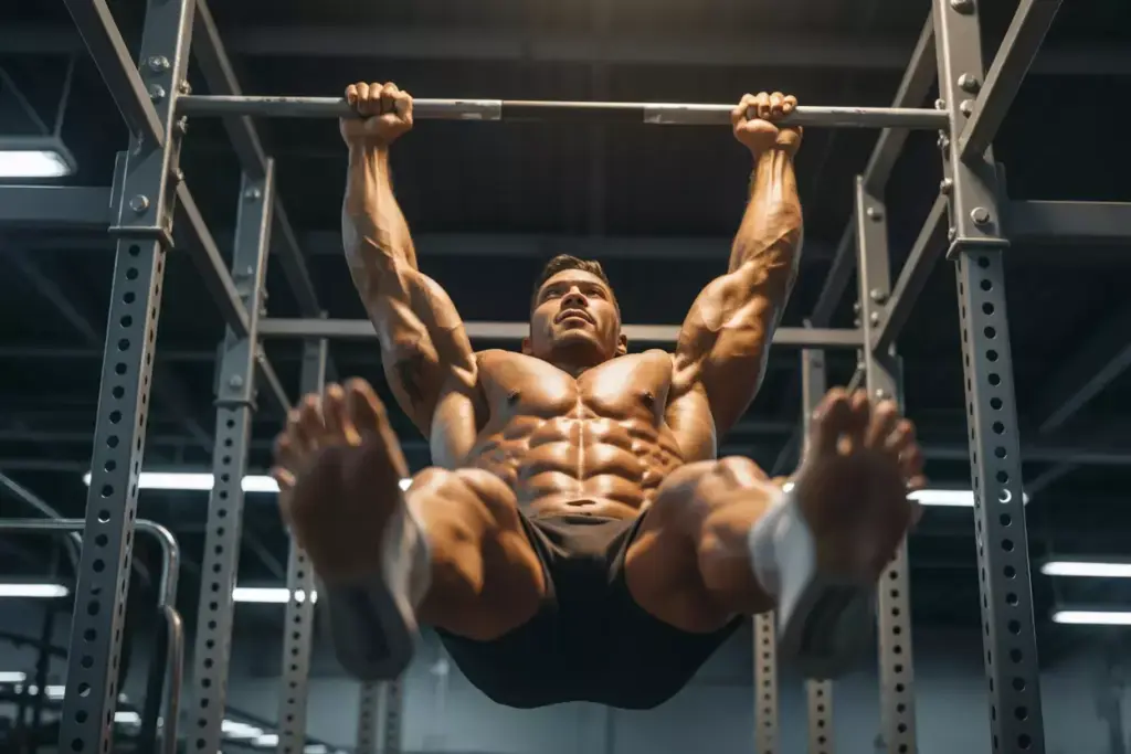 Muscular Male Hiker Performing Hanging Straight Leg Raises From Pull Up Bar
