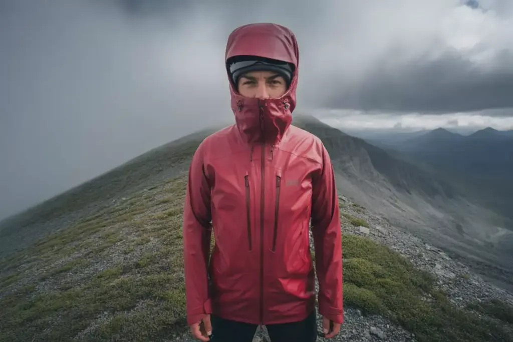 Hiker In Gore Tex Hardshell Jacket Bracing Against Wind On Ridge