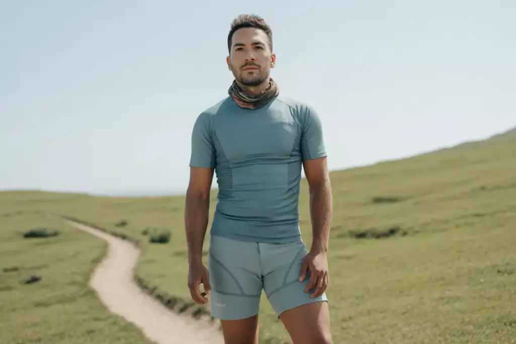 The Minimalist Approach Hiker In Technical T Shirt Light Shorts On Trail