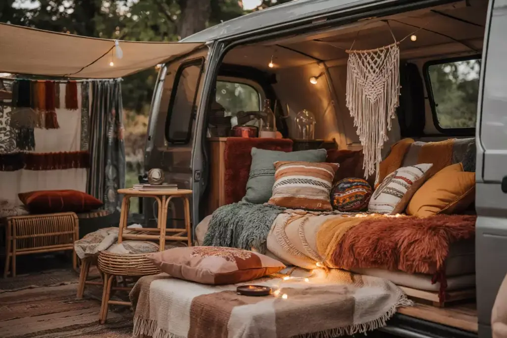 Boho Wanderer Van With Macrame Textiles And Earthy Color Palette