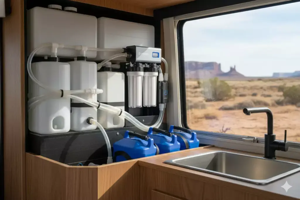 Campervan Water Station With Filtration Tanks And Outdoor Remote Backdrop