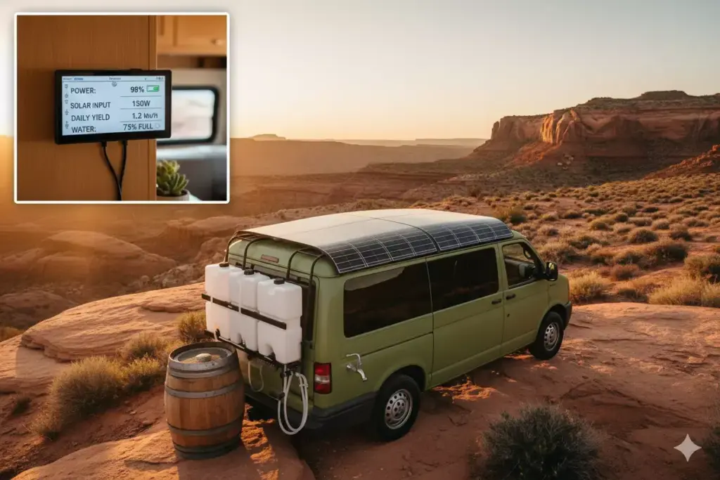 Campervan With Flexible Solar Panels And Gravity Fed Water System Off Grid