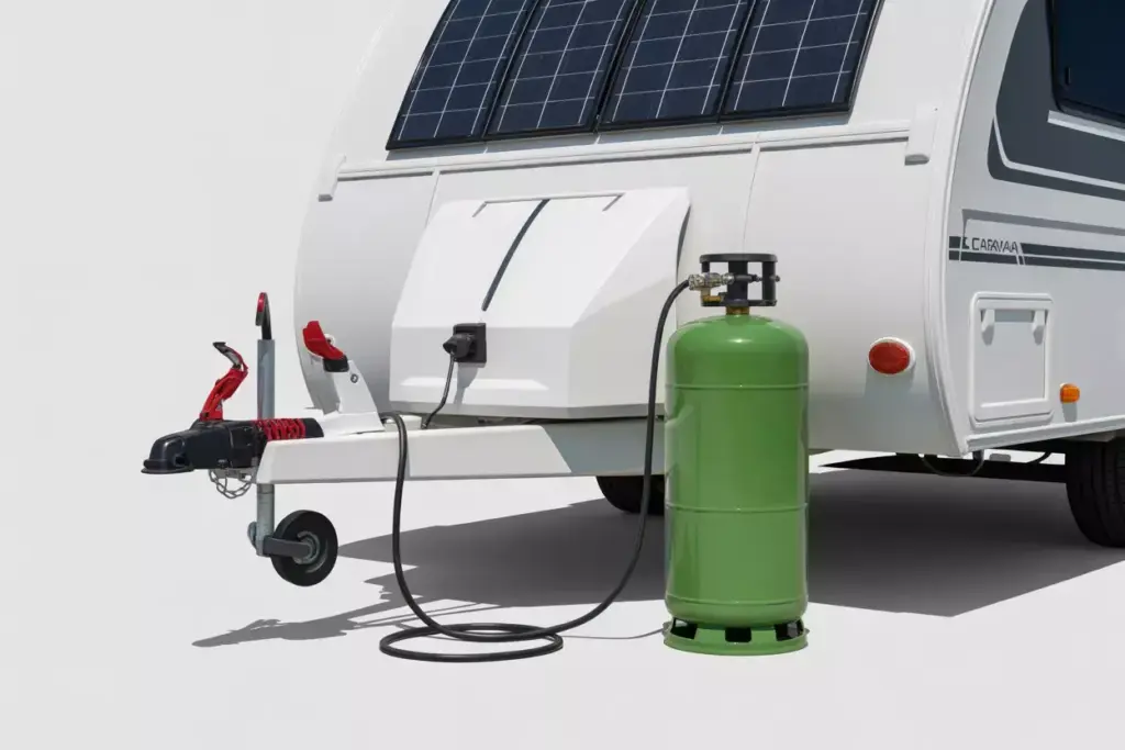 Caravan Exterior Showing Multiple Power Sources Gas Bottle Solar Panel And Mains Power Cable