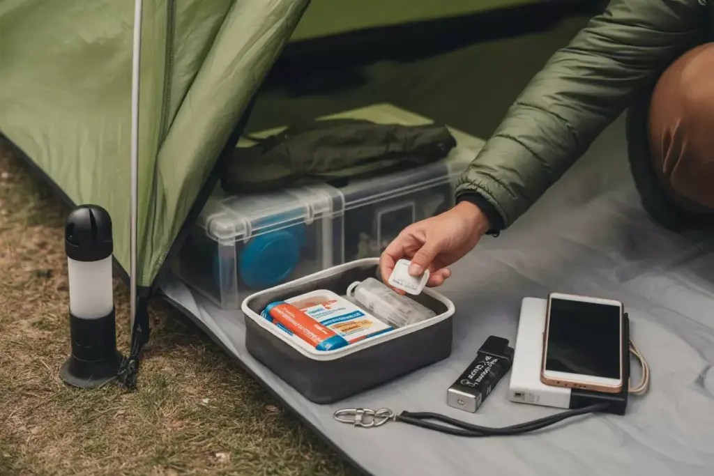 Close Up Of Camping Safety Measures Like First Aid Kit And Night Light