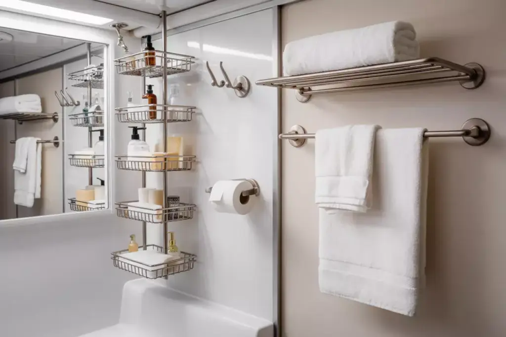 Compact Rv Bathroom Organization Shower Caddy Medicine Cabinet Towel Hooks Toilet Paper Holder