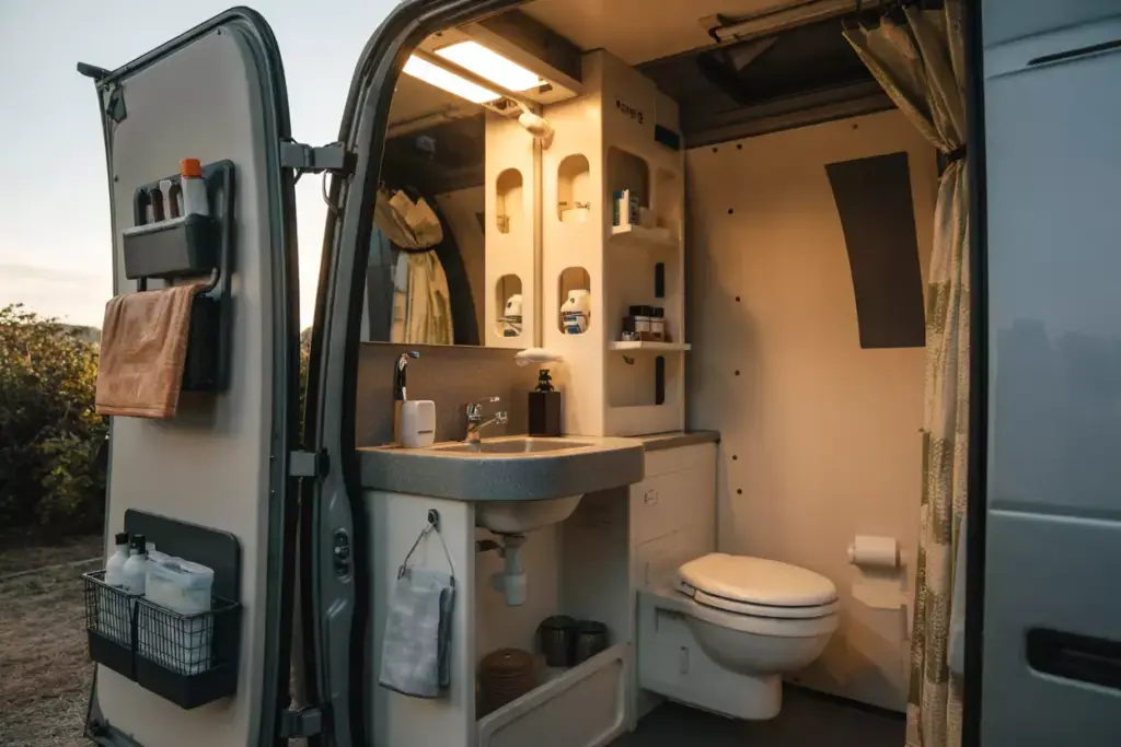 Compact Wet Bath With Folding Sink Wall Toilet And Organized Toiletry Storage