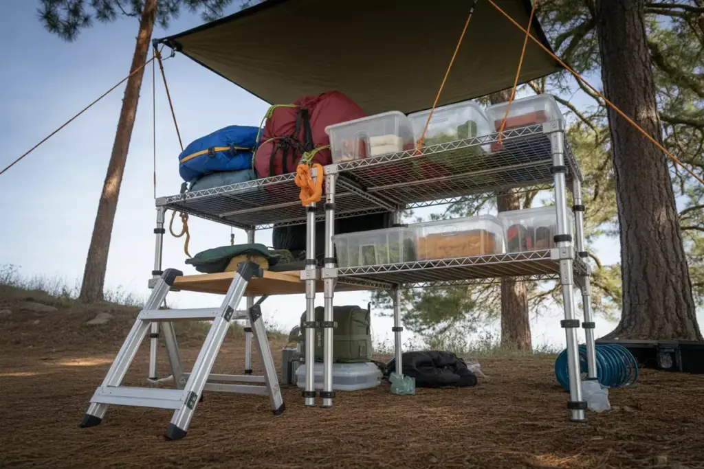Elevated Camping Food Storage Platform With Mesh Shelving And Organized Containers