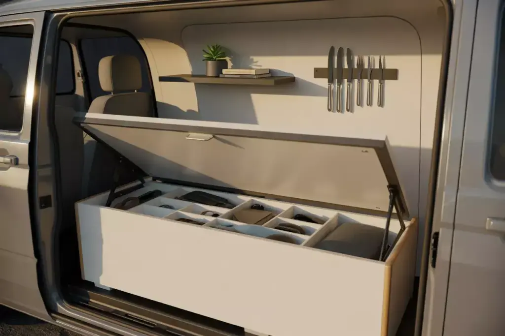Interior Detail Showing A Storage Ottoman And Floating Shelves In A Camper Van