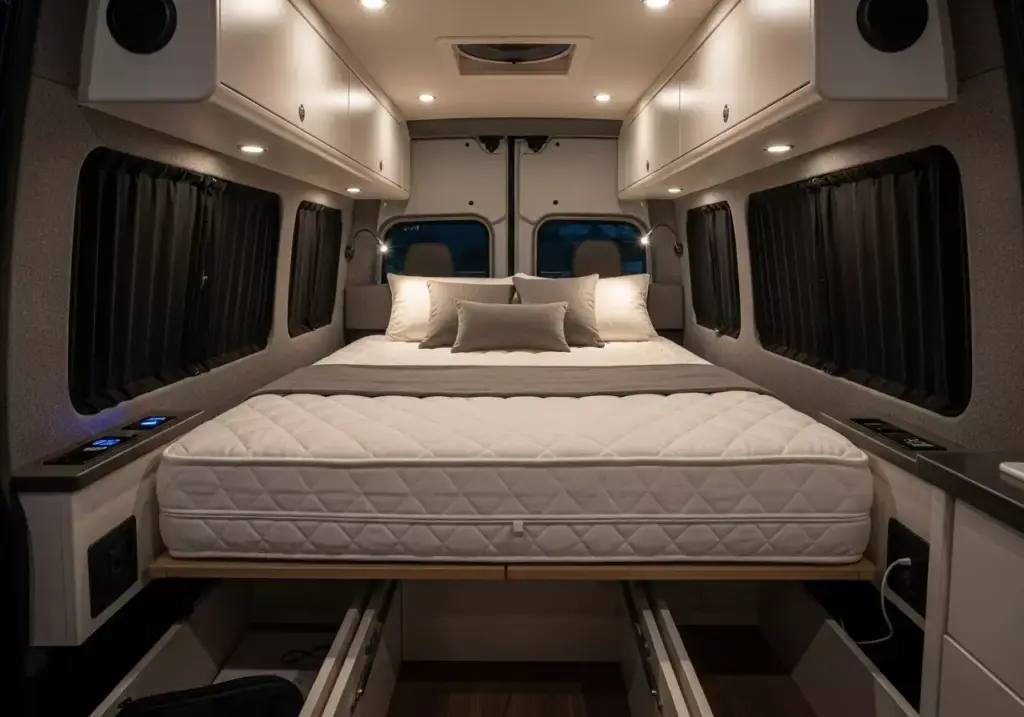 Luxury Master Suite Van Interior With King Bed Blackout Curtains And Nightstands