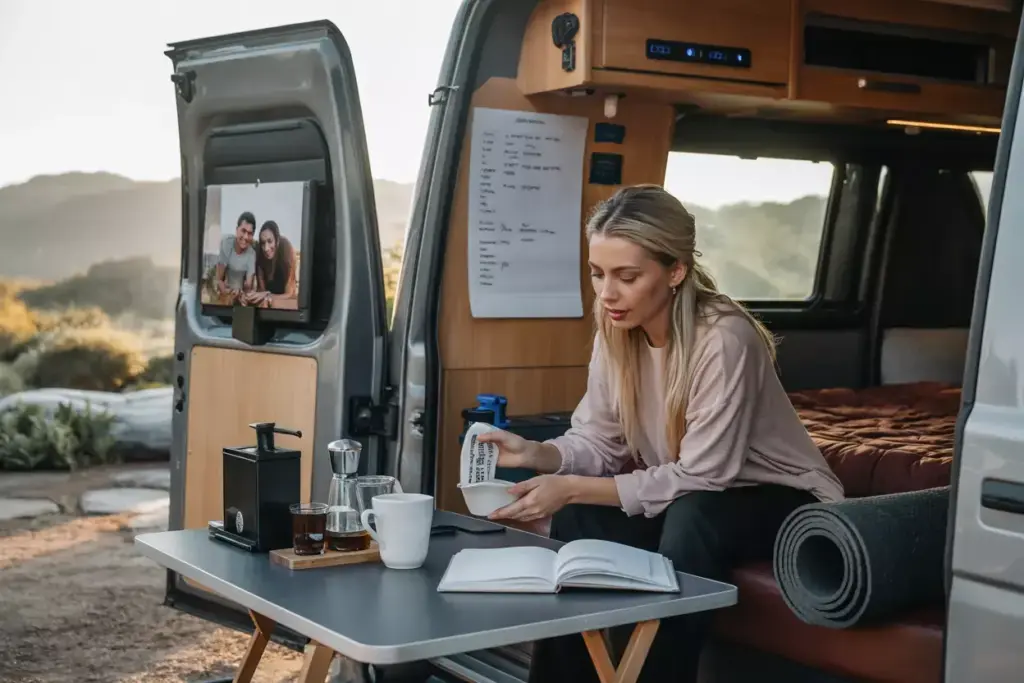 Morning Routine Rituals In Van With Coffee Preparation And Planning At Table