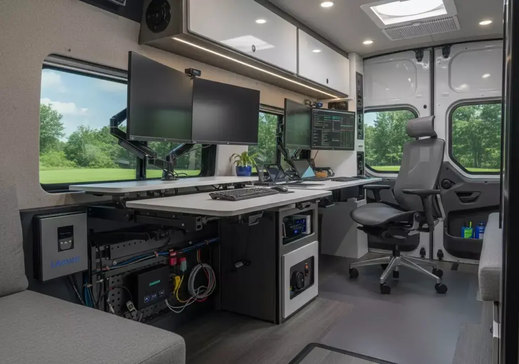 Motorized Desk Rising With Dual Monitors In Ford Transit Convertible Office Space