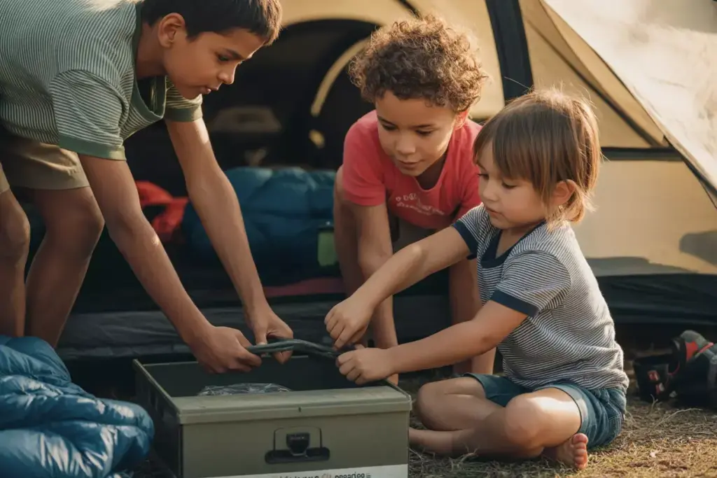 Older Child Helping Younger Sibling With Tent Setup Camping Buddy System In Action