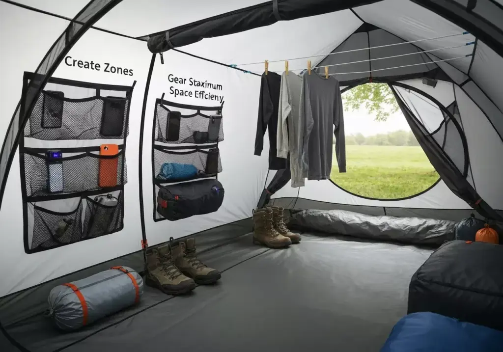 Organized Tent Interior With Storage Zones Hanging Organizers And Vertical Space Usage