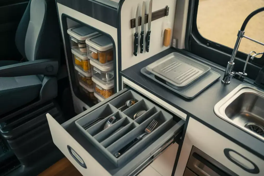 Organized Van Kitchen With Divided Drawers Magnetic Knife Strip And Slide Out Pantry System