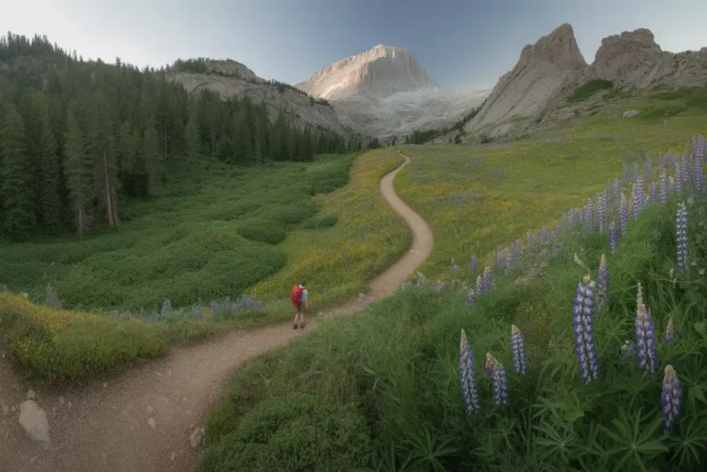 Panoramic View Of Diverse Mountain Trail With Forest Meadow And Rocks