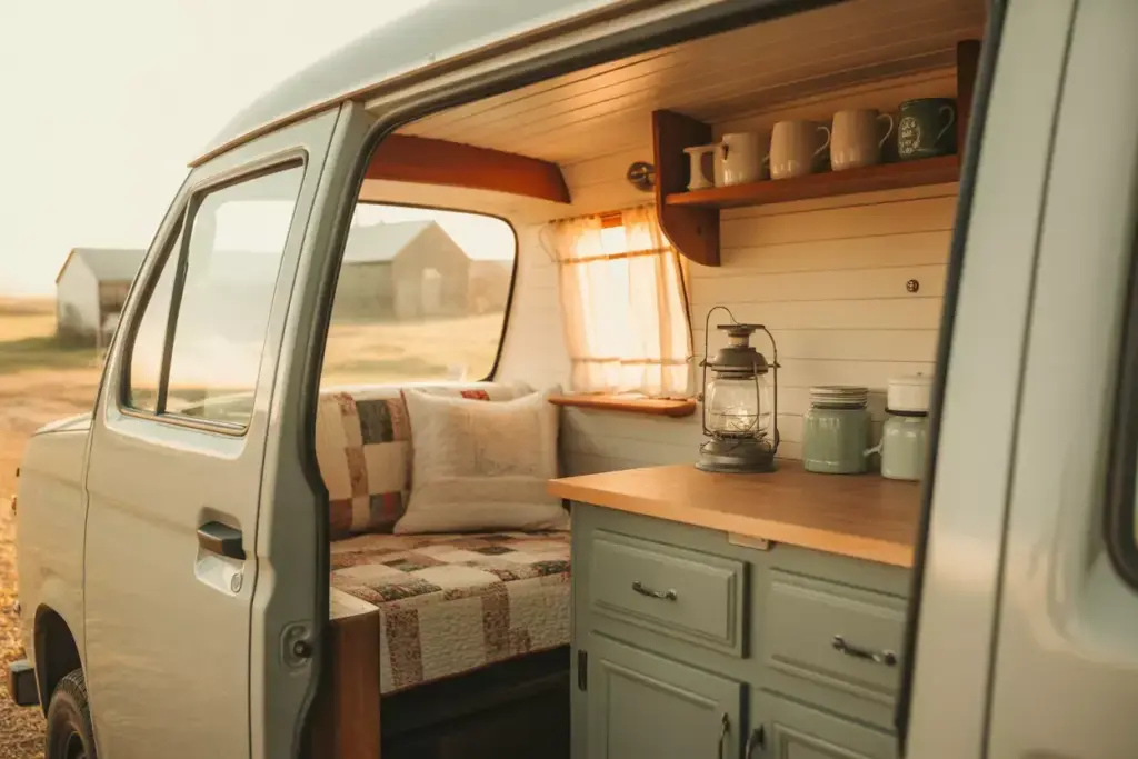Rustic Farmhouse Van Interior With Shiplap And A Quilt In Golden Light