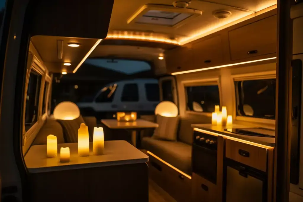 Rv Interior Ambient Lighting With Led Pucks Candles And Strip Lights At Night