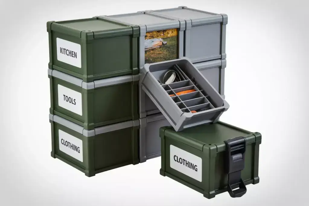 Stack Of Labeled Modular Storage Cubes With Divider Inserts For Gear