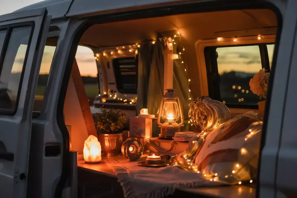 Warm String Lights Lanterns And Salt Lamp Creating Bohemian Van Ambiance