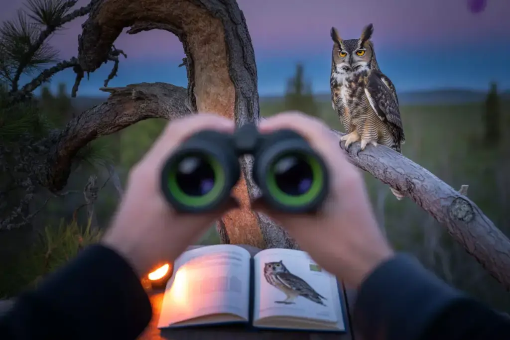 Wildlife Observation Of Nocturnal Owl In Mountain Forest Using Binoculars